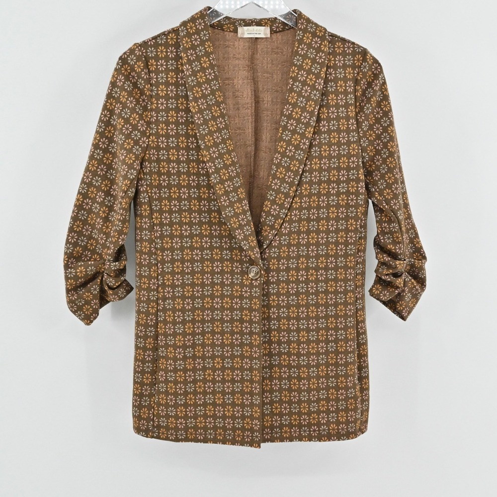 Altard State Floral Print Brown Blazer Size S‎ Retro Mod Ruched 3/4 Sleeve USA